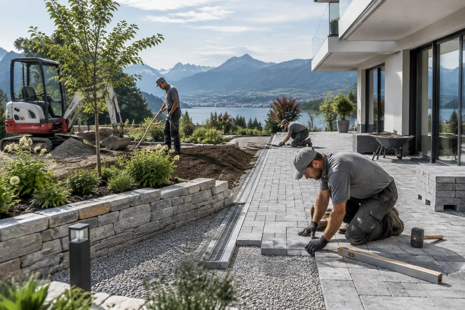 Aménagement des espaces extérieurs autour d’un bâtiment en Suisse romande.