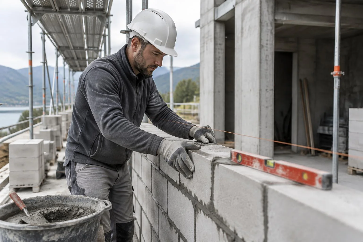 Travaux de maçonnerie réalisés sur un chantier en Suisse romande.