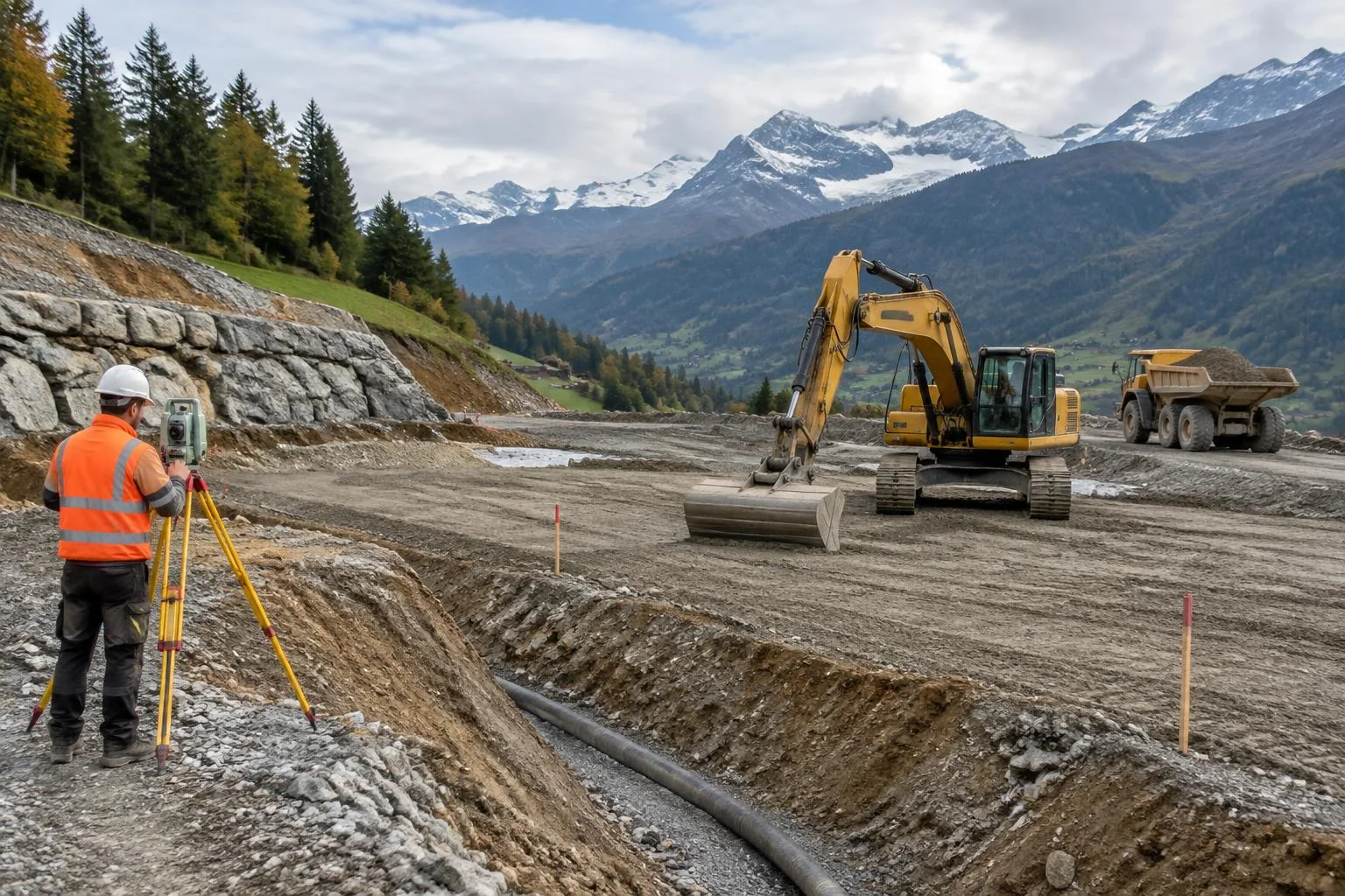 Travaux de terrassement et préparation d’un terrain pour un chantier en Suisse romande.
