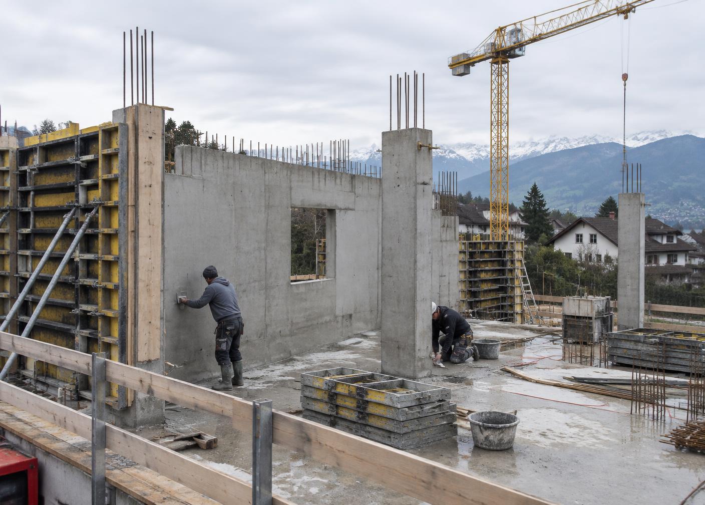 Bâtiment en construction avec coffrages et grue en arrière-plan